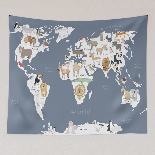 Item preview, Animal World Map with Dark Grey Background Illustrated By Artist Carla Daly designed and sold by Carla Daly.