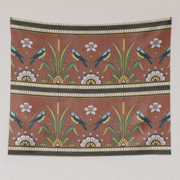 Item preview, Floral Blue Bird Tile Reproduction (Red Background) designed and sold by MadeByGeeClowes.
