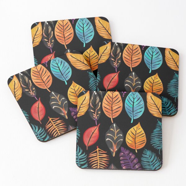 Item preview, colourful leaf pattern in black background designed and sold by optimusprime39.