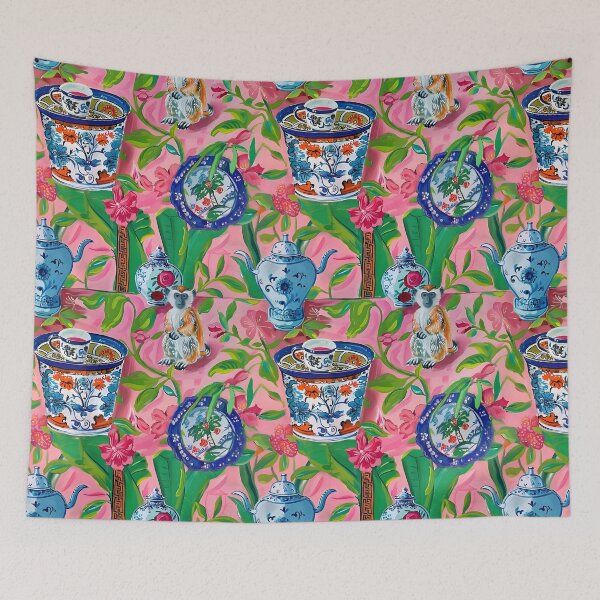 Item preview, Monkeys and chinoiserie porcelain on pink designed and sold by SophieClimaArt.