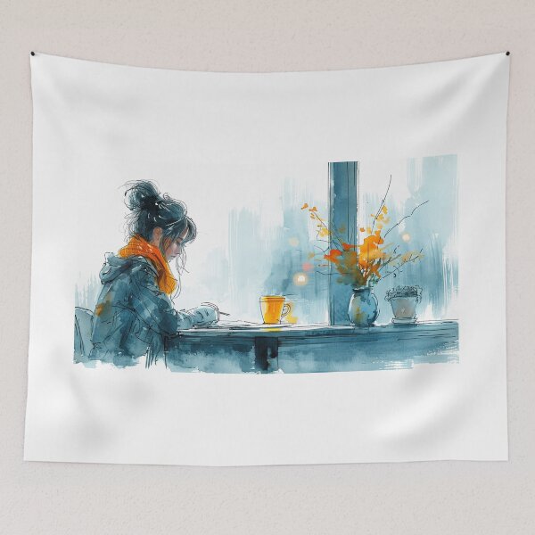 Item preview, Young Artist at Corner Table with Sketchpad - Hand-Drawn Illustration designed and sold by Mr-whiteBG.