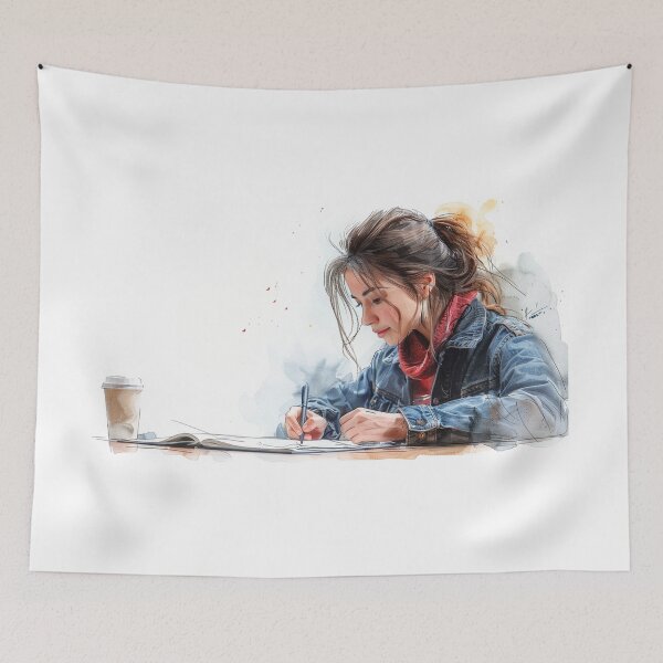 Item preview, Young Artist Sketching at Corner Table | Original Artwork | Sketchpad Illustration designed and sold by Mr-whiteBG.