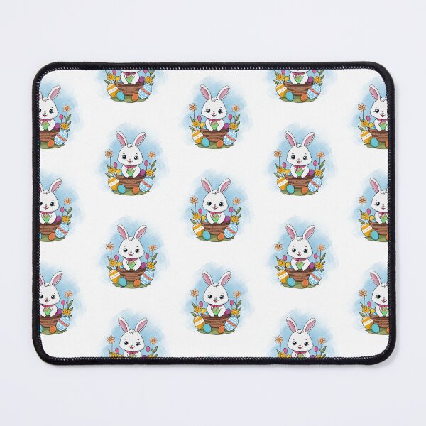 Item preview, Easter Bunny sitting in a brown basket with Easter eggs with blue watercolor background designed and sold by SimoesArtistry.