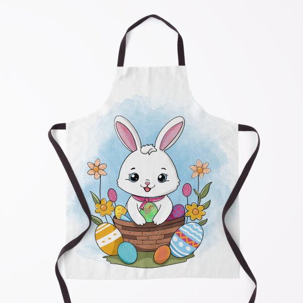 Item preview, Easter Bunny sitting in a brown basket with Easter eggs with blue watercolor background designed and sold by SimoesArtistry.