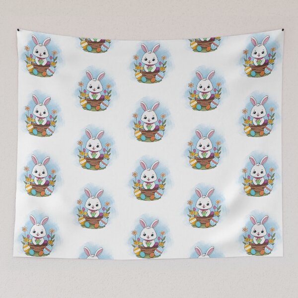 Item preview, Easter Bunny sitting in a brown basket with Easter eggs with blue watercolor background designed and sold by SimoesArtistry.