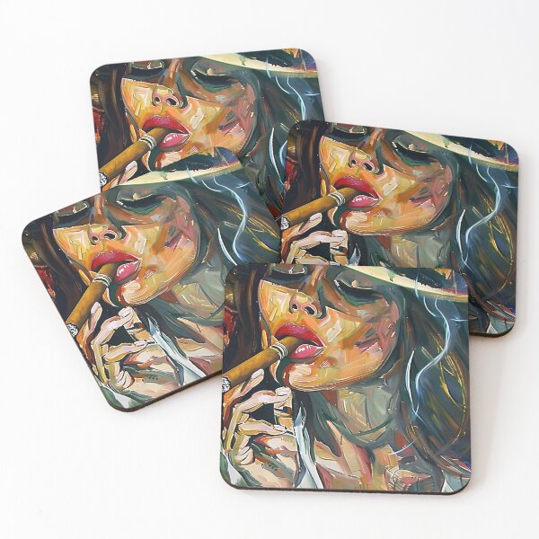 Item preview, Femme Fatale's Enigma- Woman with Veiled Eyes, Red Lipstick, and Smoking Cigar designed and sold by OlfactoART Studio.