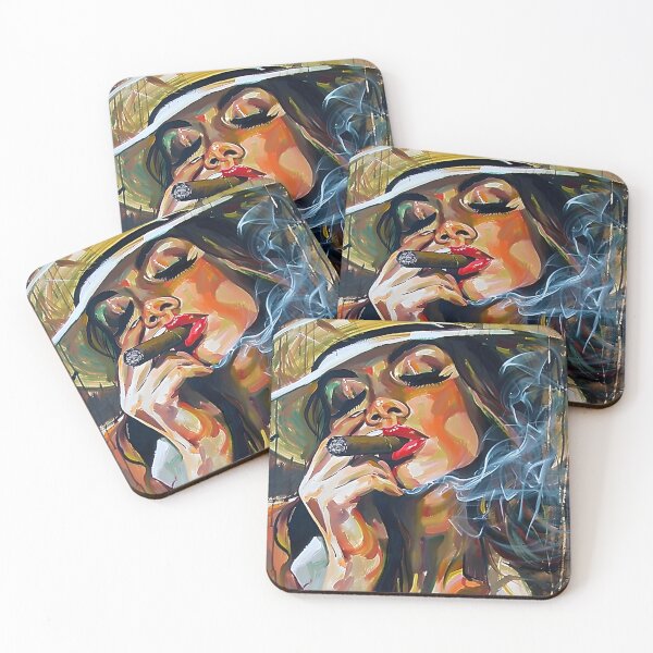 Item preview, Seductive Secrets- Veiled Femme Fatale with Red Lipstick, Smoking Cigar, and Mysterious Gaze designed and sold by OlfactoART Studio.