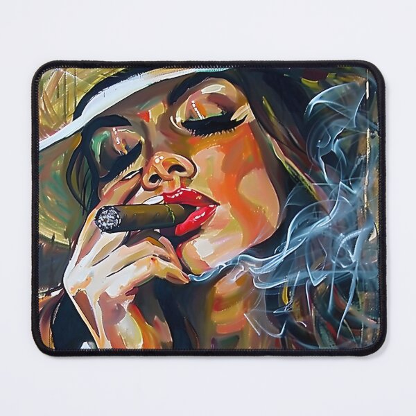Item preview, Seductive Secrets- Veiled Femme Fatale with Red Lipstick, Smoking Cigar, and Mysterious Gaze designed and sold by OlfactoART Studio.