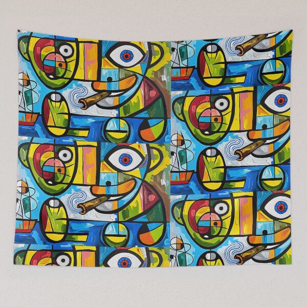 Item preview, Cubist Reverie- Smoking Cigar with Two Faces Amid Vibrant Abstract Forms Digital Art designed and sold by OlfactoART Studio.