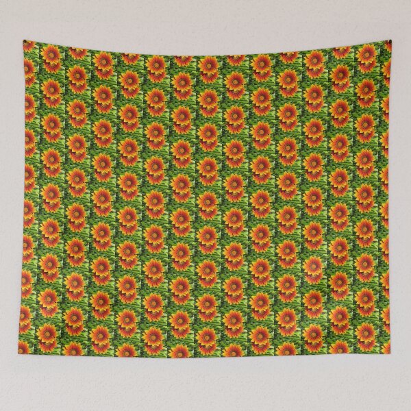Item preview, Pair of Fireburst Gazania in Vibrant Orange and Red with Green Leaves designed and sold by JoyousArt4u.