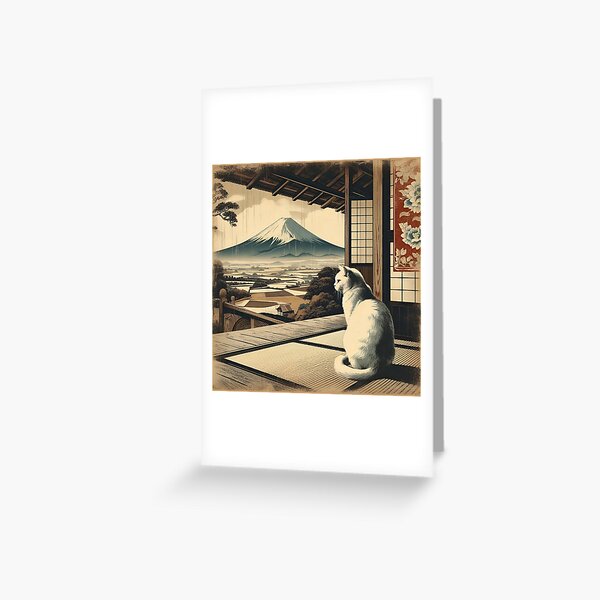Item preview, Ukiyo E Mount Fuji Japanese Cat Art designed and sold by PaintedPixels01.