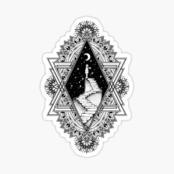 Decorative ornate frame with abandoned ruin stairway to the night with a boy looking at moon sky. Sticker