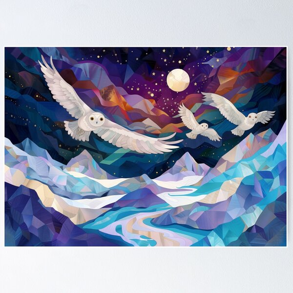 Arctic Owls with Aurora Poster