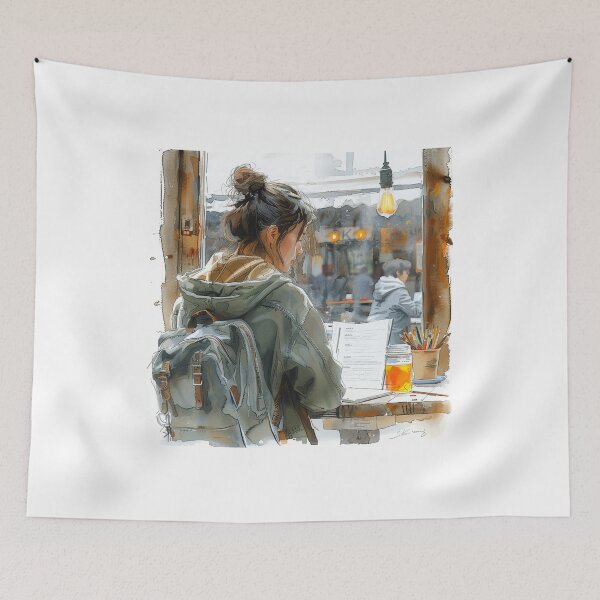 Item preview, Young Artist Sketching at Corner Table | Handcrafted Art Print  designed and sold by Mr-whiteBG.