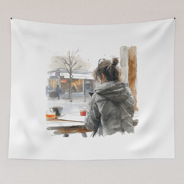 Item preview, Young Artist Sketching at a Corner Table | Hand-Drawn Art Print for Home Decor designed and sold by Mr-whiteBG.