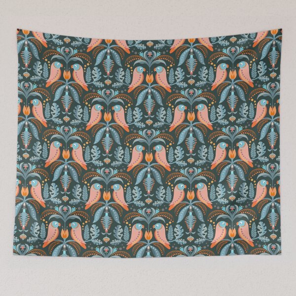 Item preview, Dark blue Tropical Parrots and Floral Symmetry designed and sold by Elisabeth Coelfen.