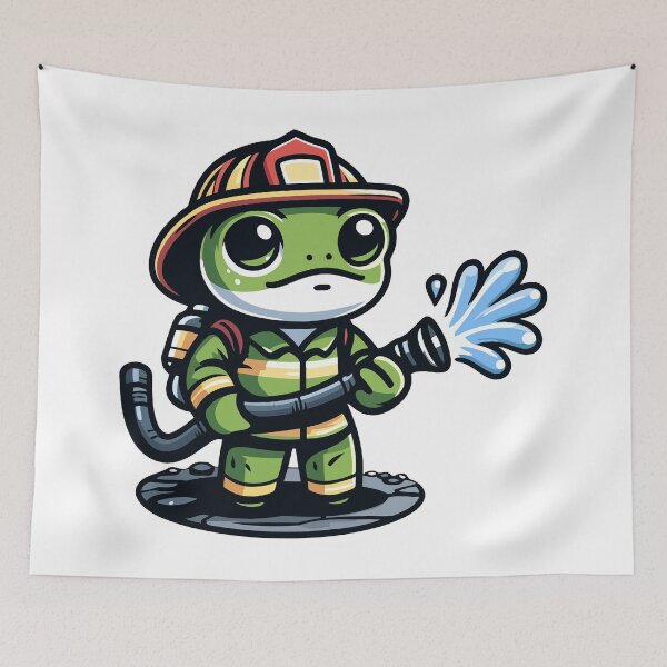 Item preview, Brave Firefighter Frog Character Spraying Water designed and sold by Akioos.