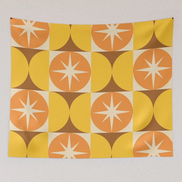 Item preview, Mid Century Starbursts on Orange Circles and Yellow Half Circles  designed and sold by Yasminepatterns .