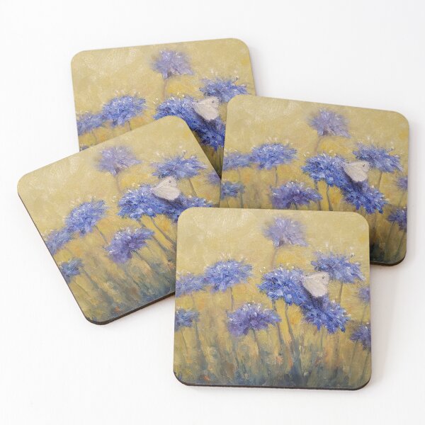 Item preview, Flowering Mauve Brunonias with white Cabbage Moth designed and sold by Franciska Howard.