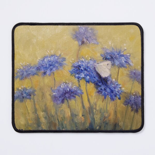 Item preview, Flowering Mauve Brunonias with white Cabbage Moth designed and sold by Franciska Howard.