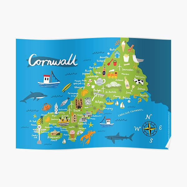 Cornwall Map Poster For Sale By Melaniechadwick Redbubble   Poster,504x498,f8f8f8 Pad,600x600,f8f8f8.u3 