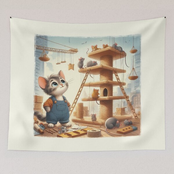 Item preview, Cat architect overseeing the building site of a cat tree with mice as his workers designed and sold by YukiKenji.