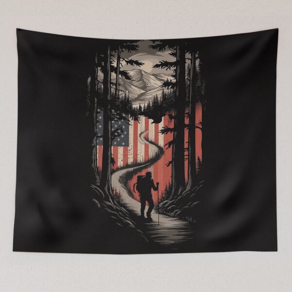 Item preview, Mountain Majesty - Patriotic USA Flag & Majestic Mountain Landscape T-Shirt designed and sold by HOMEDESIGNPRINT.