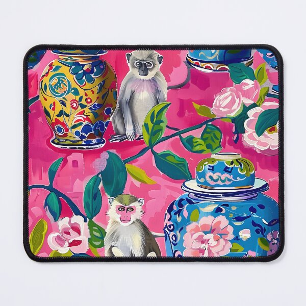 Item preview, Preppy monkeys, roses and ginger jars on hot pink designed and sold by SophieClimaArt.