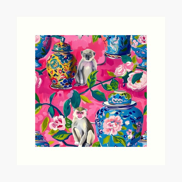 Item preview, Preppy monkeys, roses and ginger jars on hot pink  designed and sold by SophieClimaArt.