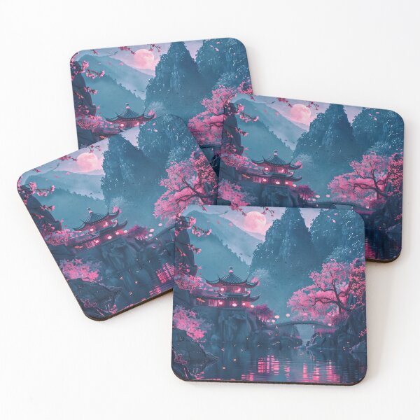 Item preview, Neon Nights: Tranquil Dreamscapes of a Japanese Mountain Lake with a Couple Admiring the Ethereal Glow designed and sold by Mullet Monkey.