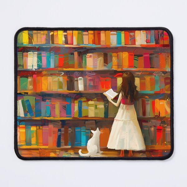 Item preview, White cat in the library - next to a girl designed and sold by sakurashorty.