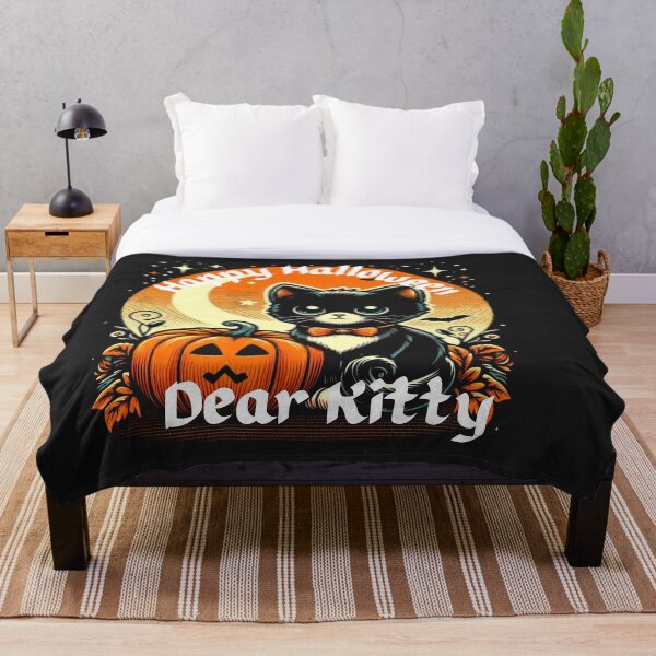 Item preview, Happy Halloween Dear Kitty Retro Pop Art Drawing of Cute Cat and Pumpkin Patch designed and sold by Wolvescreate.