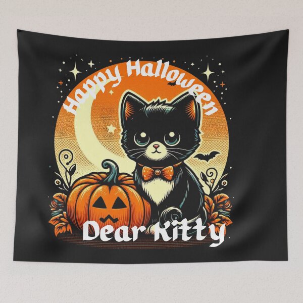 Item preview, Happy Halloween Dear Kitty Retro Pop Art Drawing of Cute Cat and Pumpkin Patch designed and sold by Wolvescreate.