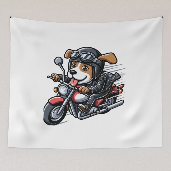 Item preview, cartoon of a dog wearing a leather jacket and helmet riding a superbike designed and sold by MzulhilmiZam.