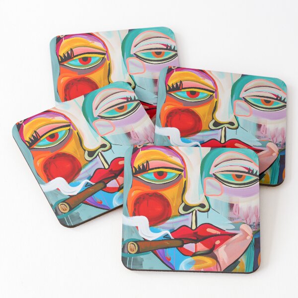 Item preview, Femme Fatale- Stylized Portrait with Smoking Cigar and Exaggerated Features in Vibrant Hues designed and sold by OlfactoART Studio.
