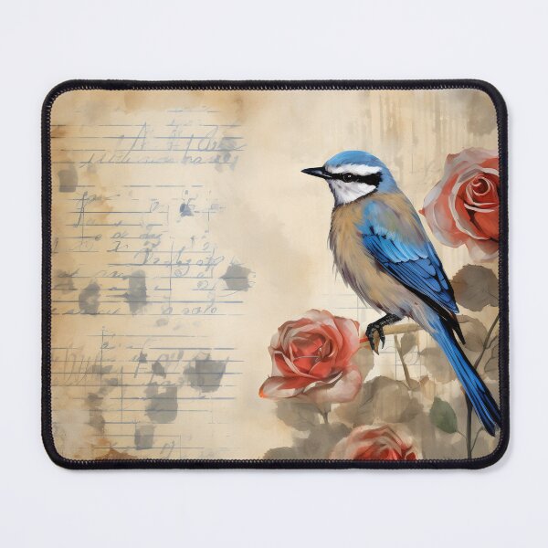 Aperçu de l'œuvre Blue bird red roses old paper créée et vendue par CircusValley.