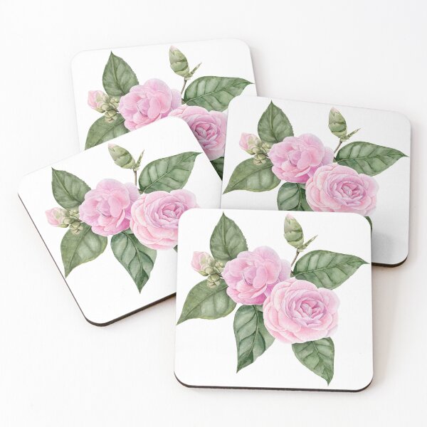Item preview, composition with two camellia flowers and buds in the foliage, watercolor illustration designed and sold by TanyaKremen.