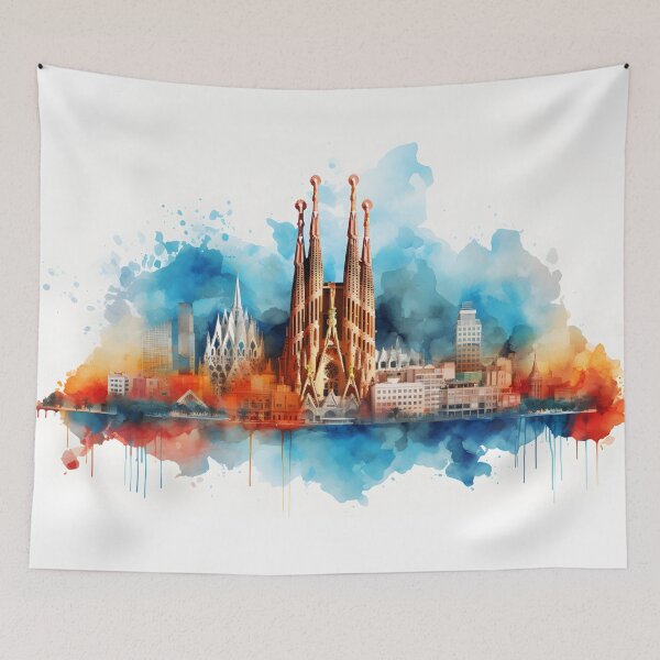 Item preview, Barcelona watercolor painting, Barcellona 2D skyline, Spain travel, Spanish city, Barcelona souvenir designed and sold by SpettacolArte.