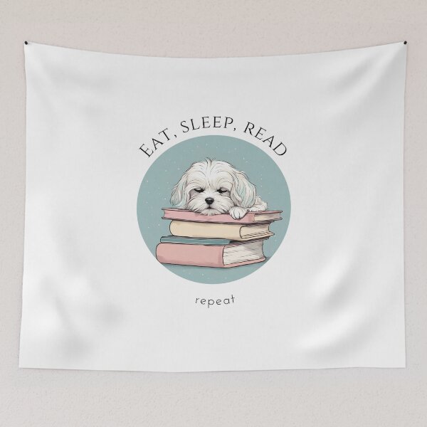 Item preview, Eat sleep read repeat books bookwarm booklover funny cute fluffy maltese dog designed and sold by SoulfulT.