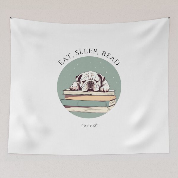 Item preview, Eat sleep read repeat books bookwarm booklover funny cute white bulldog dog designed and sold by SoulfulT.