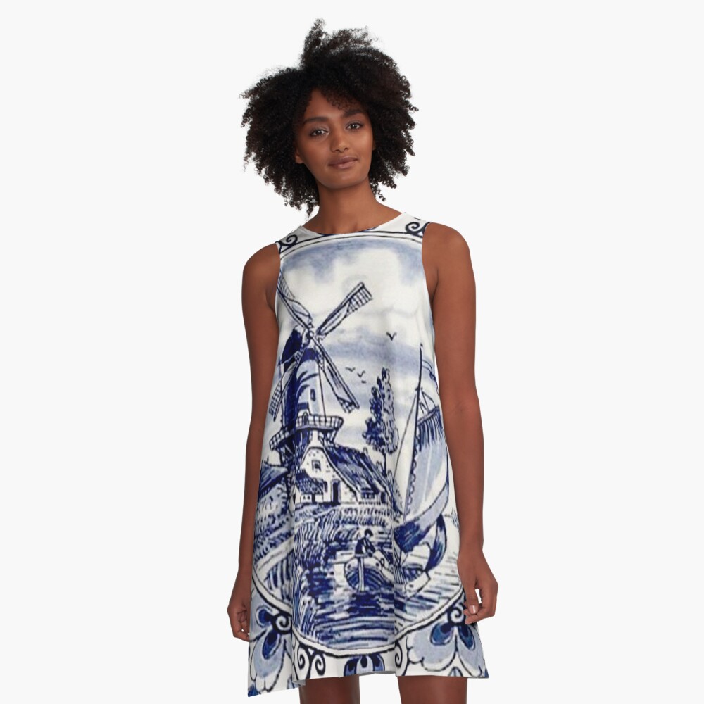 DUTCH BLUE DELFT: Vintage Windmill Print A-Line Dress