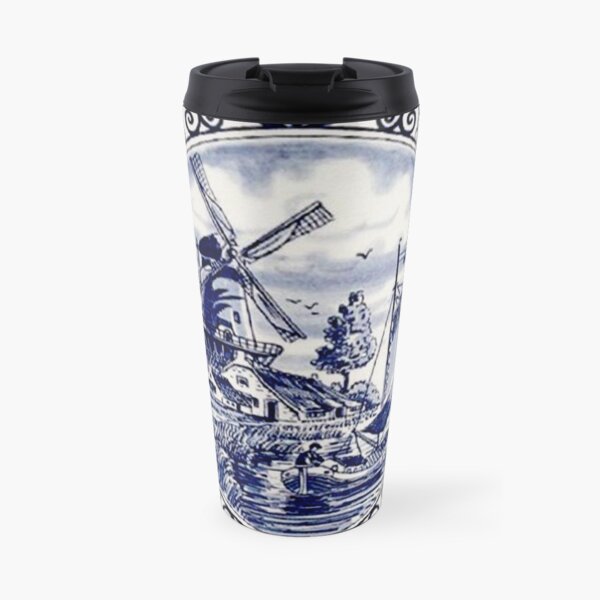 DUTCH BLUE DELFT: Vintage Windmill Print Travel Coffee Mug