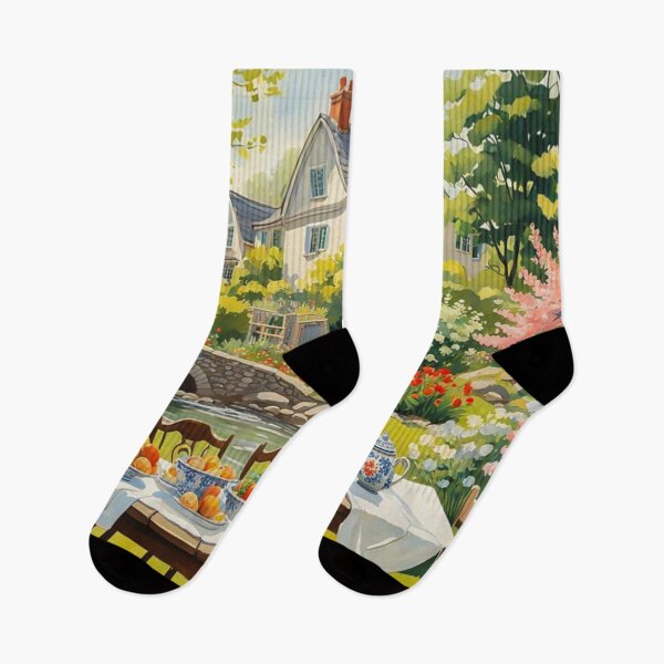 Item preview, Bright Shiny Day Breakfast at Beautiful Spring Garden with Long Banquet Table Nearby a Small River with Bridge - Home Sweet Home - Museum Epic Impressionist Painting designed and sold by MyArt23.