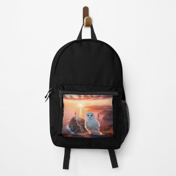 Item preview, A white owl against the background of the sea at the lighthouse during sunset. designed and sold by ART-POD-PL.