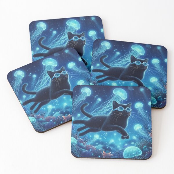 Item preview,  jellyfish on the ocean floor with curious black cat designed and sold by Zelda50.