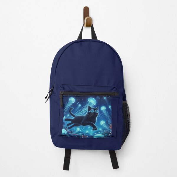 Item preview, jellyfish on the ocean floor with curious black cat designed and sold by Zelda50.