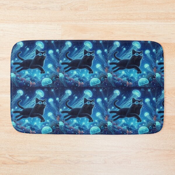 Item preview,  jellyfish on the ocean floor with curious black cat designed and sold by Zelda50.