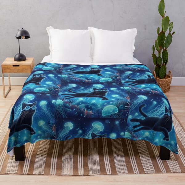 Item preview,  jellyfish on the ocean floor with curious black cat designed and sold by Zelda50.