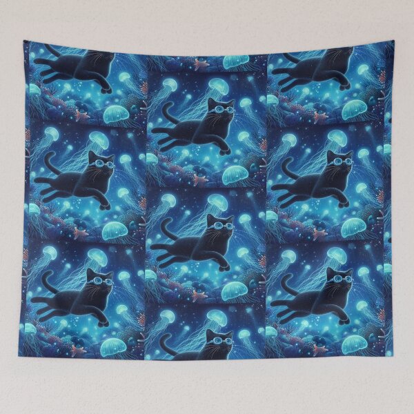 Item preview,  jellyfish on the ocean floor with curious black cat designed and sold by Zelda50.