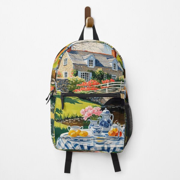 Item preview, Bright Shiny Day Breakfast at Beautiful Spring Garden with Round Banquet Table Nearby a Small River with Bridge - Home Sweet Home - Museum Epic Impressionist Painting designed and sold by MyArt23.